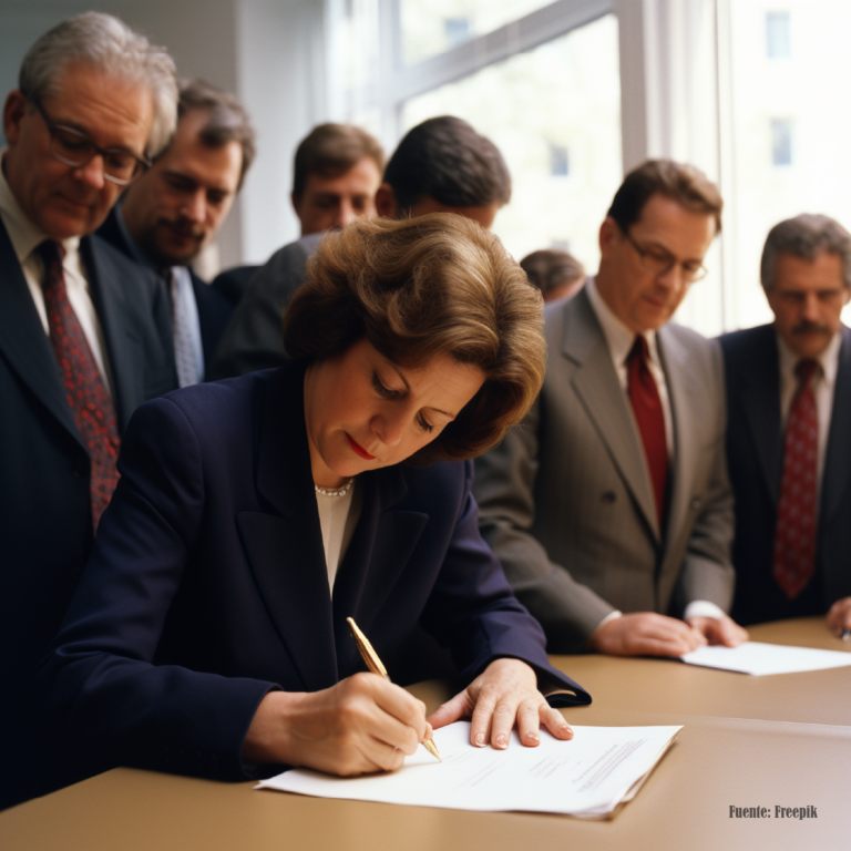 a woman signing a document